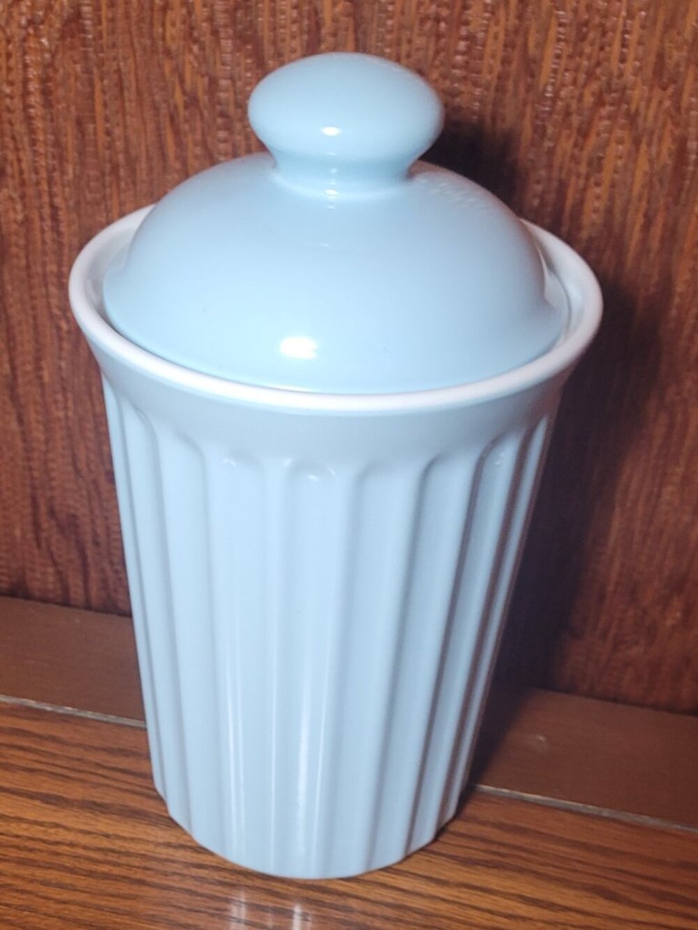 1980s Powder Blue Ceramic Ribbed Canister Jar Lidded 9"